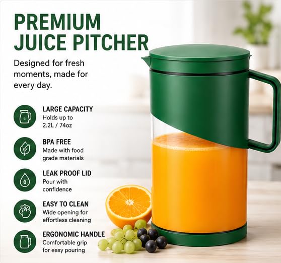 1800ml Water Jug for Fridge BPA Free Leakproof Plastic Pitcher with Handle | Juice, Milk & Cold Drink Storage Container for Kitchen & Dining (Green)